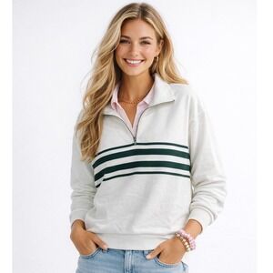Nine Britton Womens Quarter Zip Striped Sweatshirt White Green Large NWT